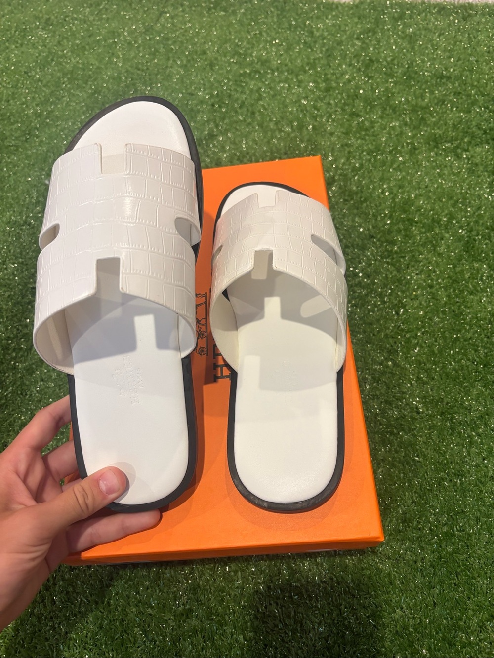 Hermes White Slide Sandals with Black Outsole